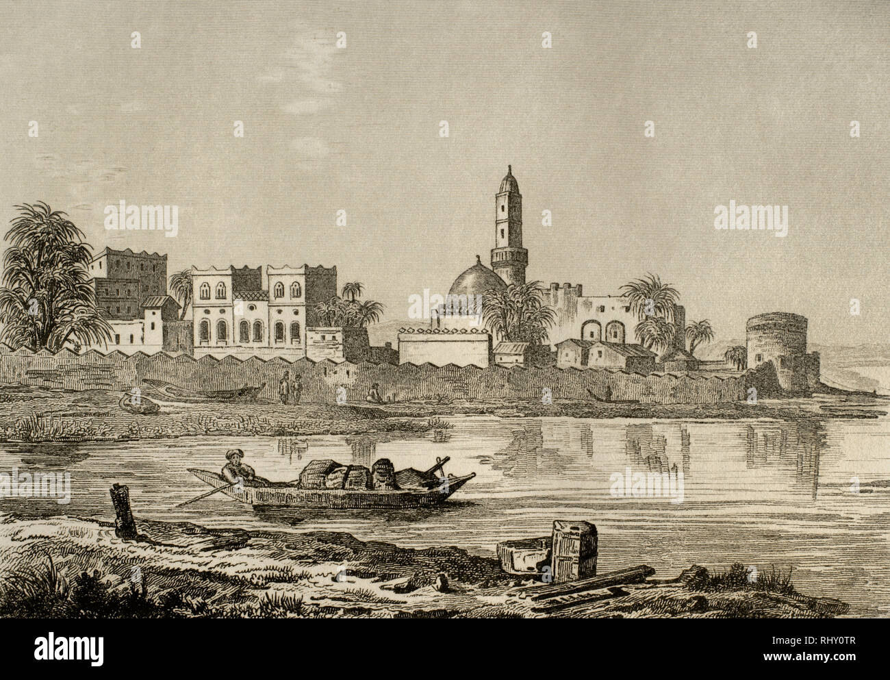 Jemen. Mokka. Blick auf die Stadt an den Ufern des Roten Meeres. Kupferstich von Fleury. Panorama Universal. Geschichte von Arabien, 1851. Stockfoto