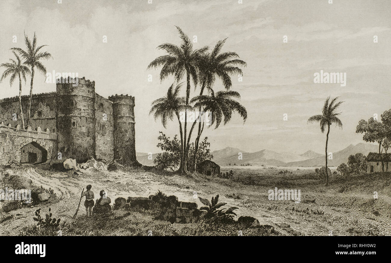 Schloss von der Sultan von Aden im lahej. Gravur. Lemaitre Direxit. Panorama Universal. Geschichte von Arabien, 1851. Stockfoto