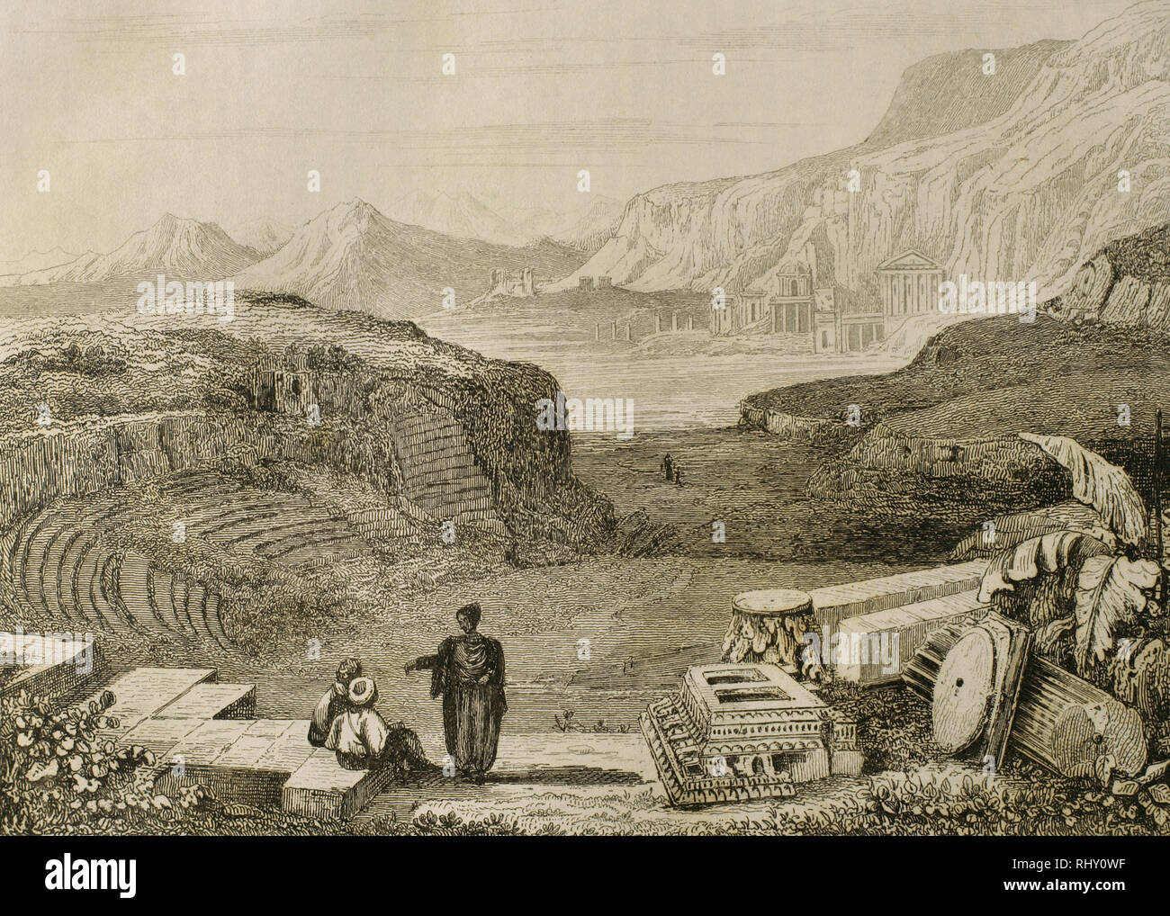 Geschichte von Jordanien. Petra. Blick auf das Amphitheater. Gravur. Panorama Universal. Geschichte von Arabien, 1851. Stockfoto