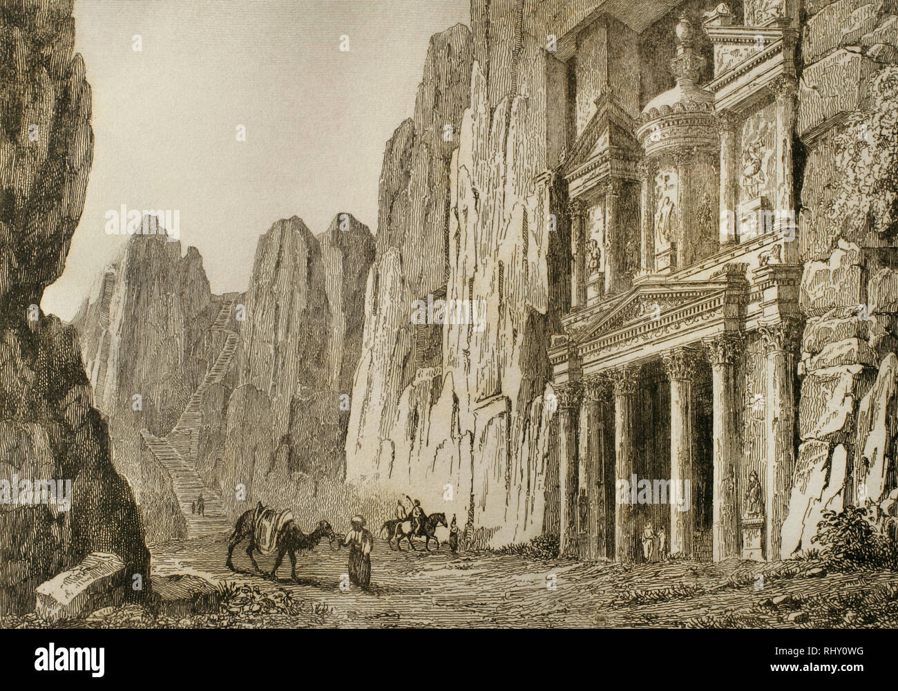 Geschichte von Jordanien. Petra. Blick auf Al-Khazneh (das Finanzministerium). Gravur. Panorama Universal. Geschichte von Arabien, 1851. Stockfoto