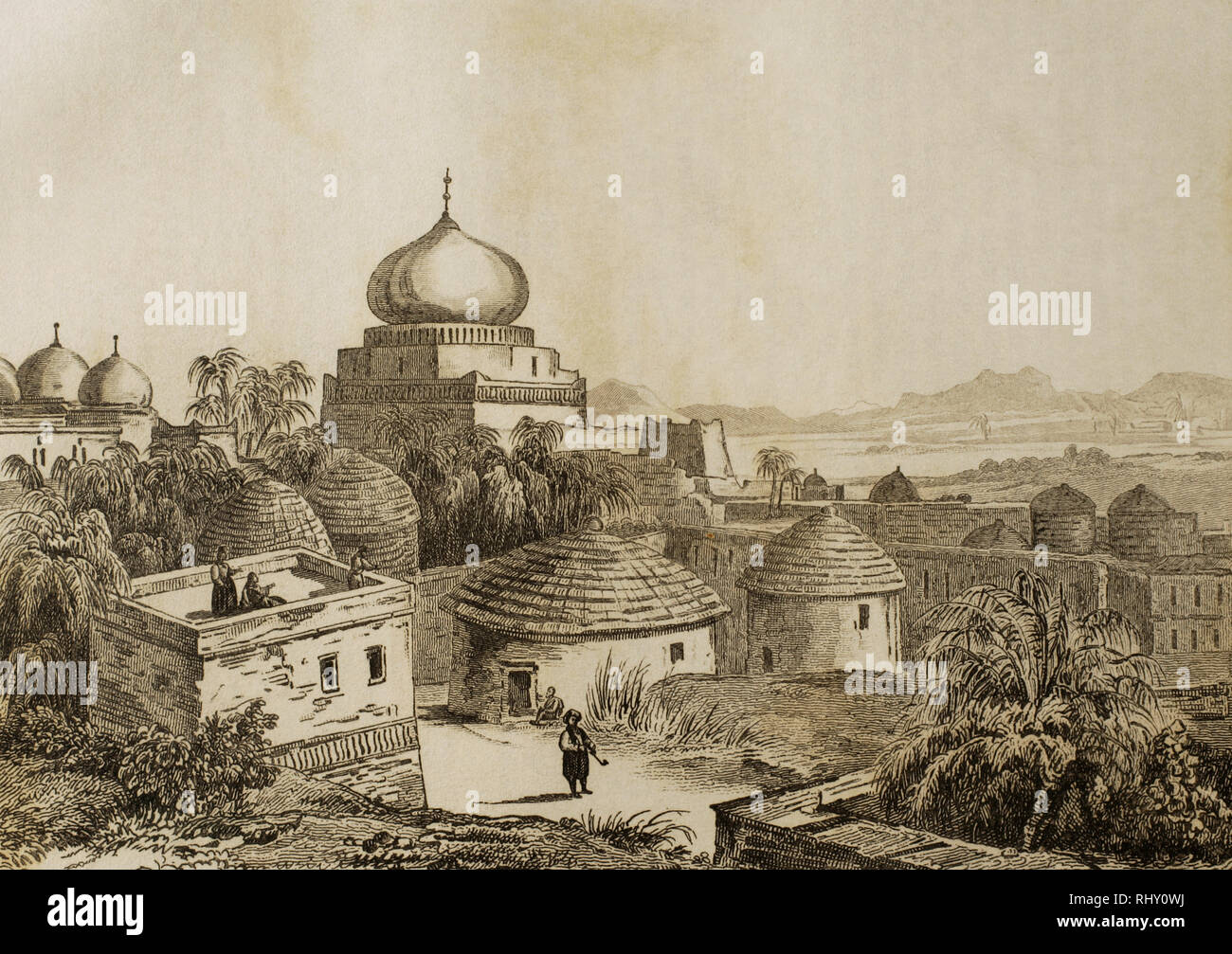 Geschichte von Arabien. Mousa. Panoramablick. Kupferstich von Fleury. Panorama Universal. Geschichte von Arabien, 1851. Stockfoto