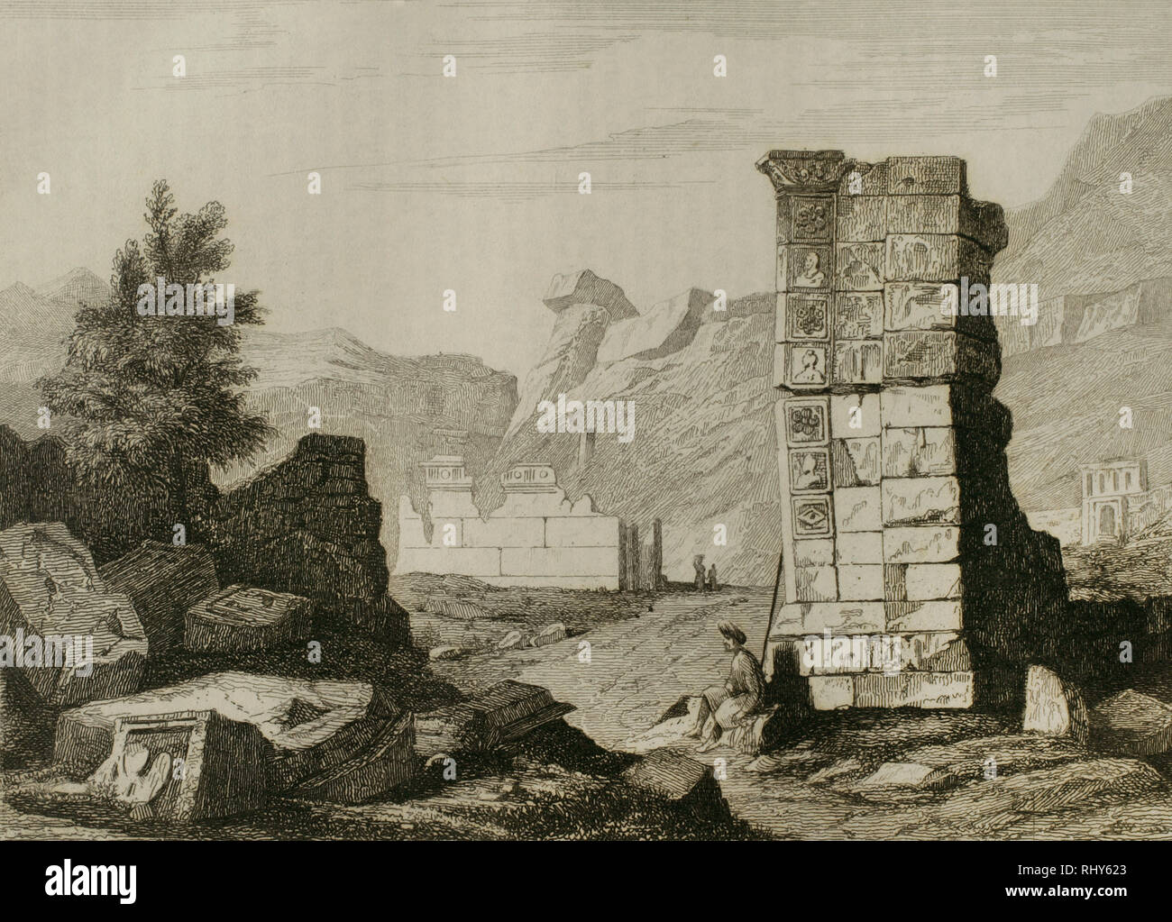 Geschichte von Jordanien. Petra. Ruinen einer Triumphbogen und einen Tempel. Gravur. Panorama Universal. Geschichte von Arabien, 1851. Stockfoto