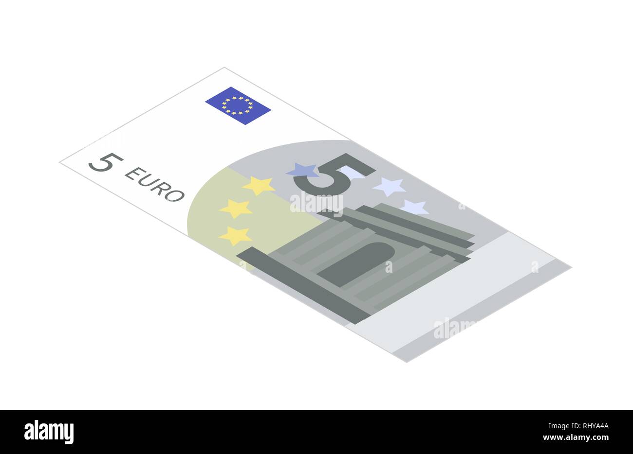 Flache 5-Euro-Schein in isometrischen Ansicht isoliert auf weißem Stock Vektor