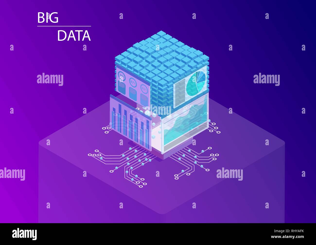 Big Data und Analyse Konzept mit Dashboards anzeigen von Informationen und Daten Cube. 3d-isometrische Vector Illustration. Stock Vektor