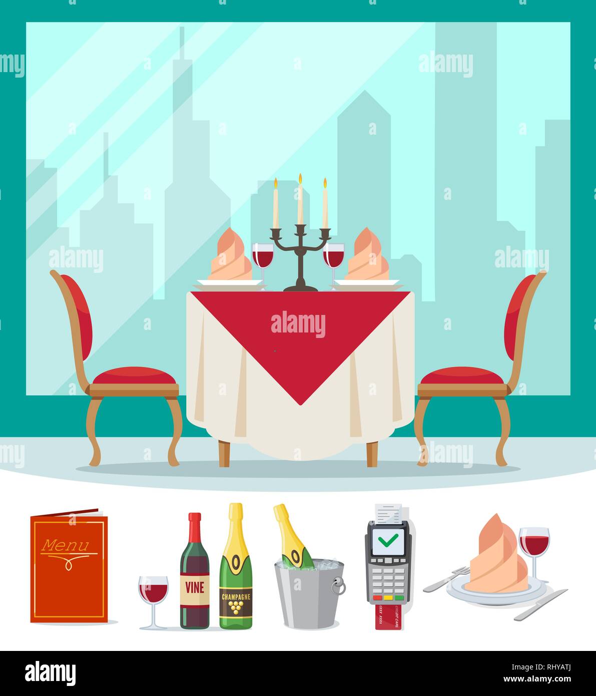 Tisch im Restaurant serviert im flachen Stil Cafe. Weiche Stühle, Wein, Servietten, Leuchter und der Stadt. Tabelle für zwei Personen Vektor Stock Vektor