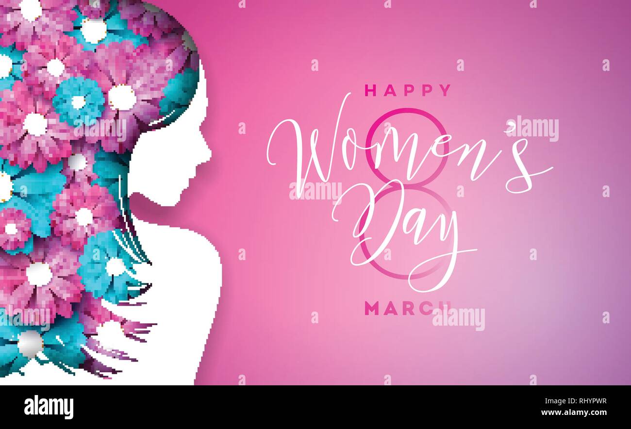 Happy Tag der Frauen Blumen Grußkarte Design. Internationalen weiblichen Feiertag Illustration mit Frauen Silhouette, Blume und Typografie Schreiben Design auf Stock Vektor