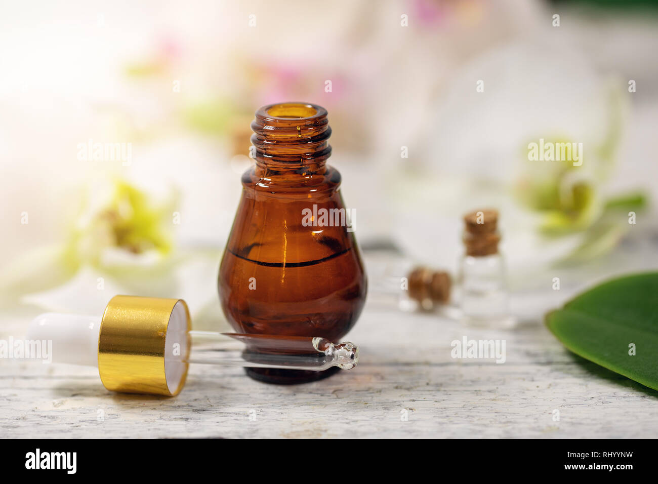 Bio Kräuter ätherische Öl Flasche und Dropper Stockfoto