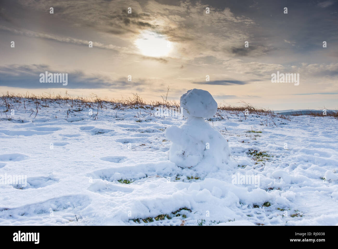 Schneemann auf Ragleth HIll Church Stretton, Shropshire Stockfoto