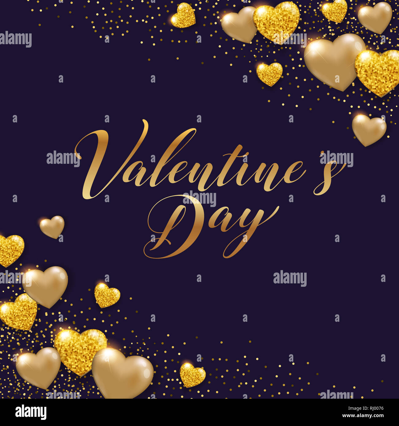 Dekorative Valentine Hintergrund mit Goldglänzenden funkelnden Herzen. Stockfoto