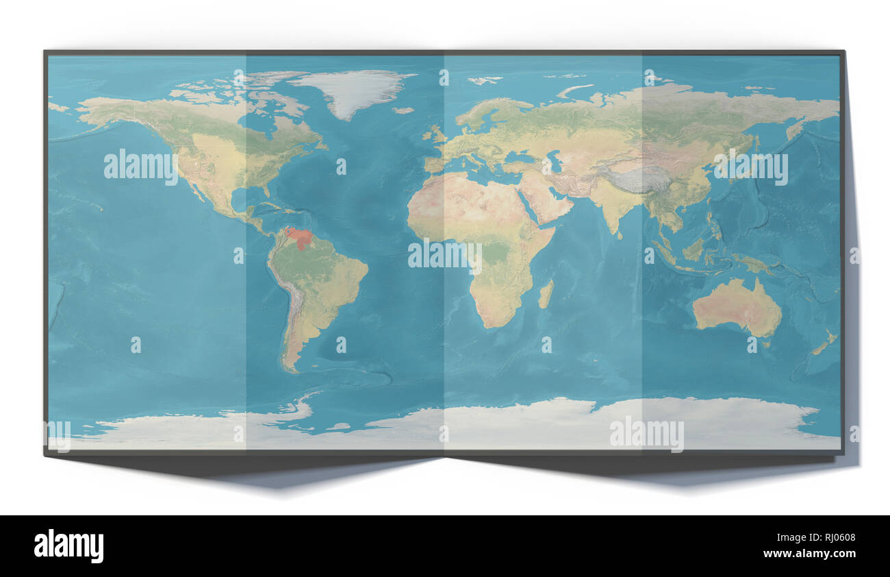 Weltkarte, Venezuela, auf einem gefalteten Blatt, erdkarte stützte sich auf eine Oberfläche, 3D-Rendering gezeichnet. Physische Karte Stockfoto
