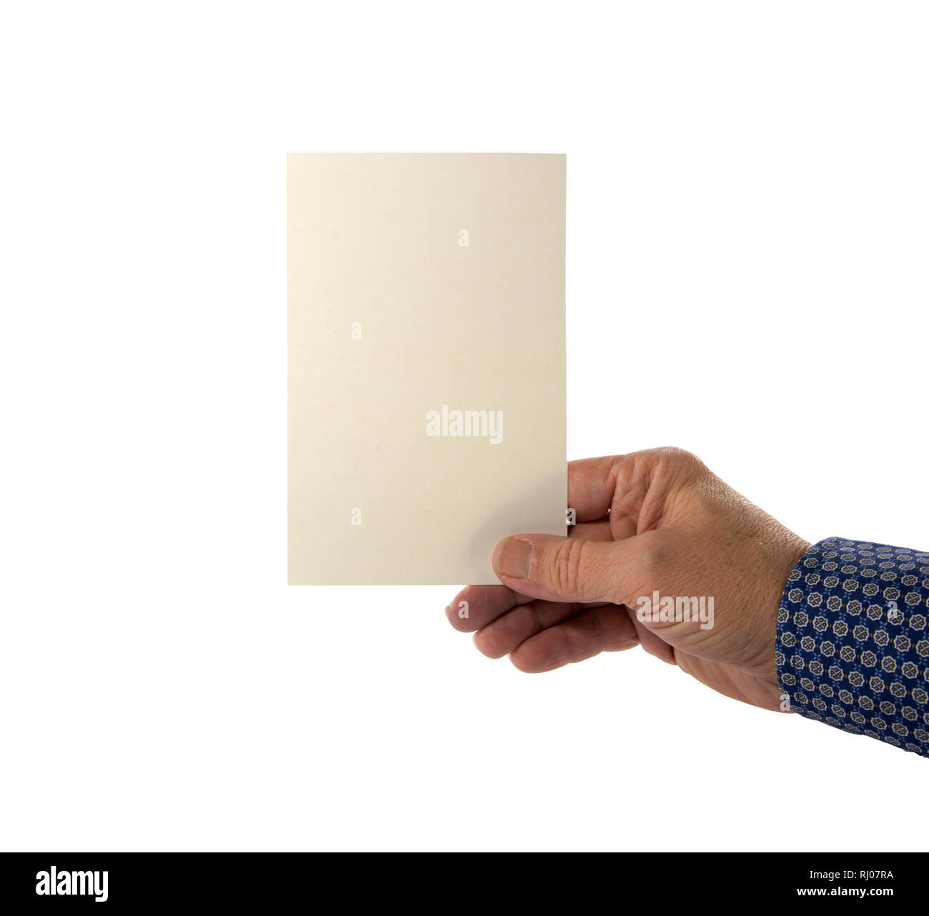 Hand, leere Blätter auf weißem Hintergrund Stockfoto