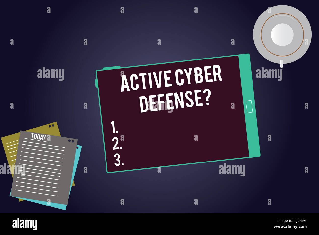 Schreiben Hinweis zeigt aktive Cyber Defensequestion. Business Foto präsentiert, die in Erwartung eines Angriffs Tablet-Tasse Untertasse und F zu widersetzen Stockfoto