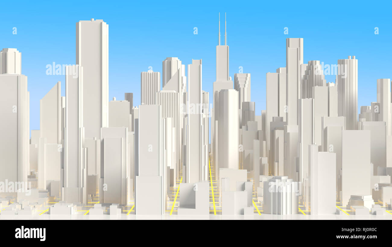 Techno Mega City Wolkenkratzer. Urban und futuristische Technologie Konzepte, 3D-Rendering Stockfoto