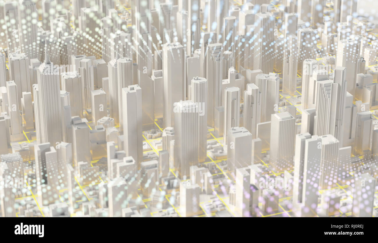Stadt 3D-Rendering. Techno mega Wolkenkratzer Stockfoto