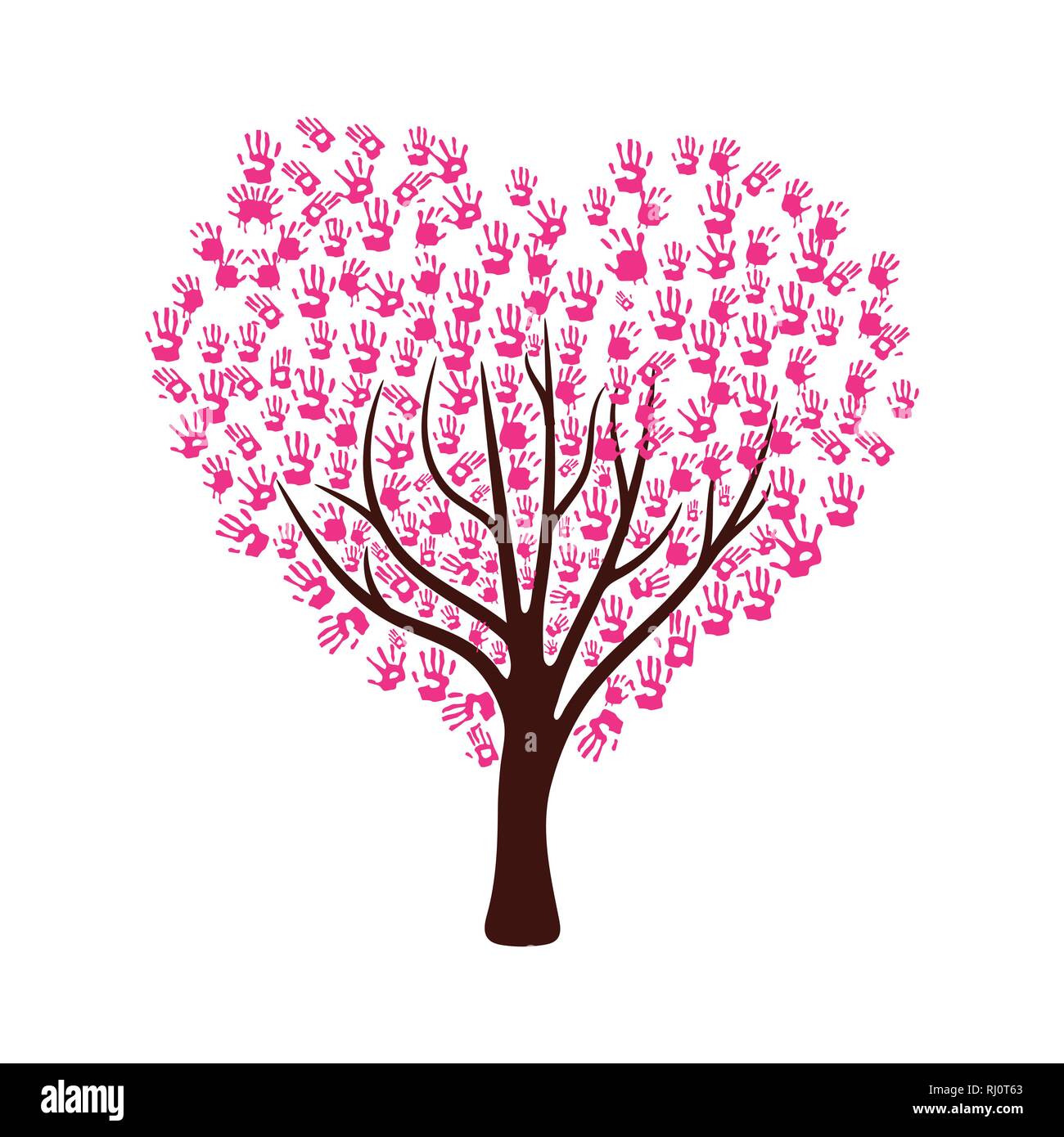 Baum aus rosa Farbe hand druckt in Herzform verlässt. Für Valentine Karte, Vector Illustration Stock Vektor