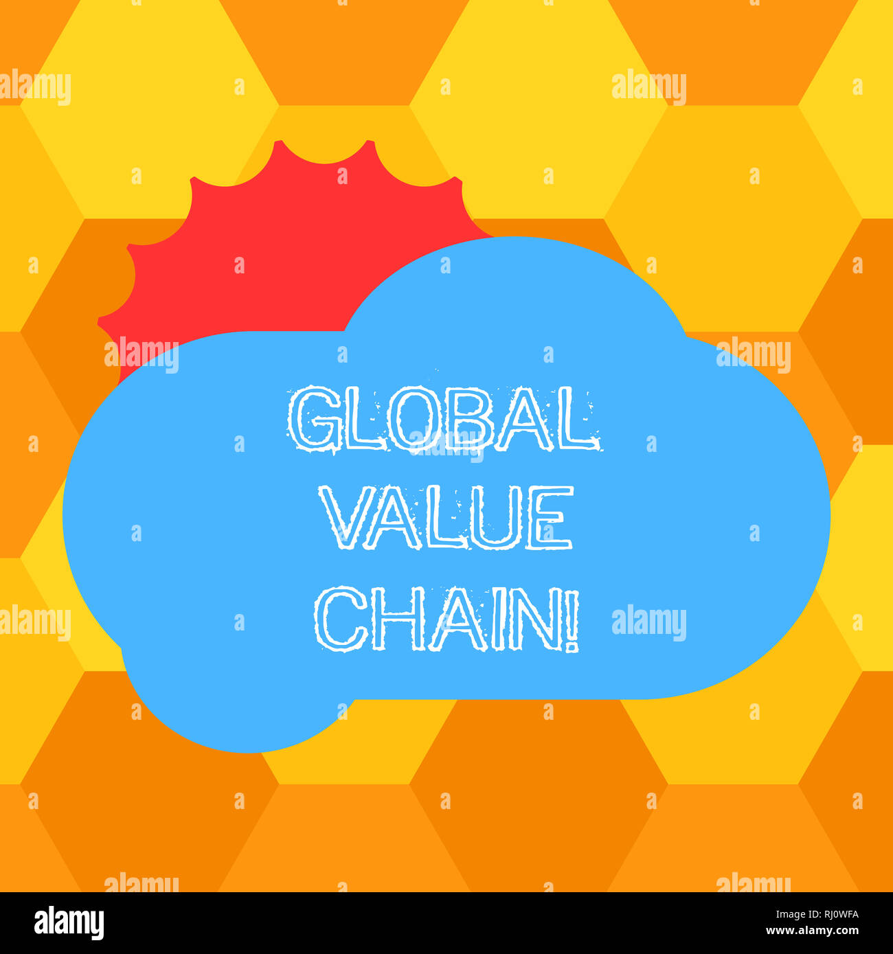 Handschrift text Global Value Chain. Begriff Sinne mit Tätigkeiten in der Produktion Waren oder Dienste, die Sonne versteckt sich hinter leeren Flauschige Shining beteiligt Stockfoto