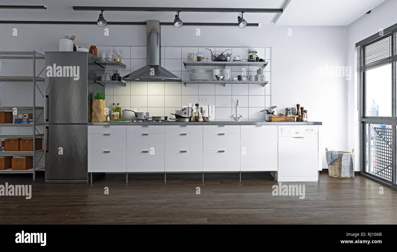 Loft Küche Interieur. 3D-rendering Design Stockfoto