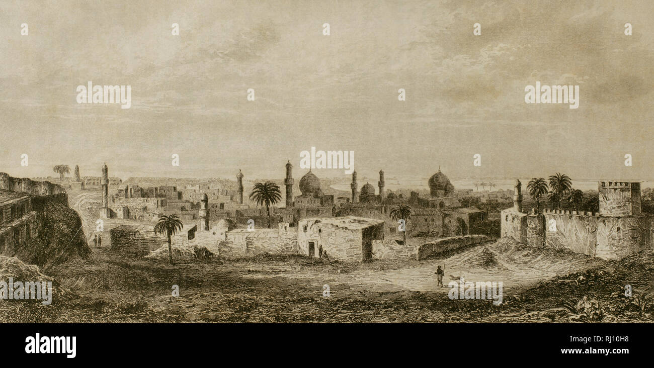 Irak. Bagdad. Panoramablick über die Stadt. Gravur. Panorama Universal. Geschichte von Arabien, 1851. Stockfoto