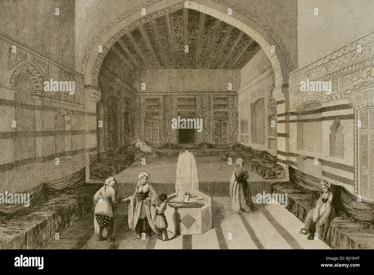 Syrien. Damaskus. Innenraum eines Palastes. Gravur. Panorama Universal. Geschichte von Arabien, 1851. Stockfoto