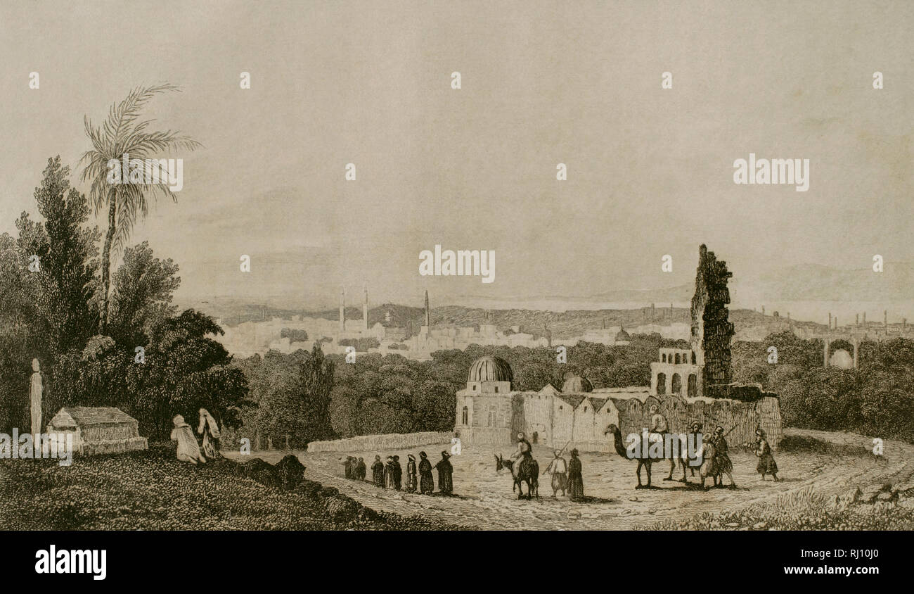 Geschichte von Syrien. Damaskus. Kupferstich von Vanderburch. Panorama Universal. Geschichte von Arabien, 1851. Stockfoto