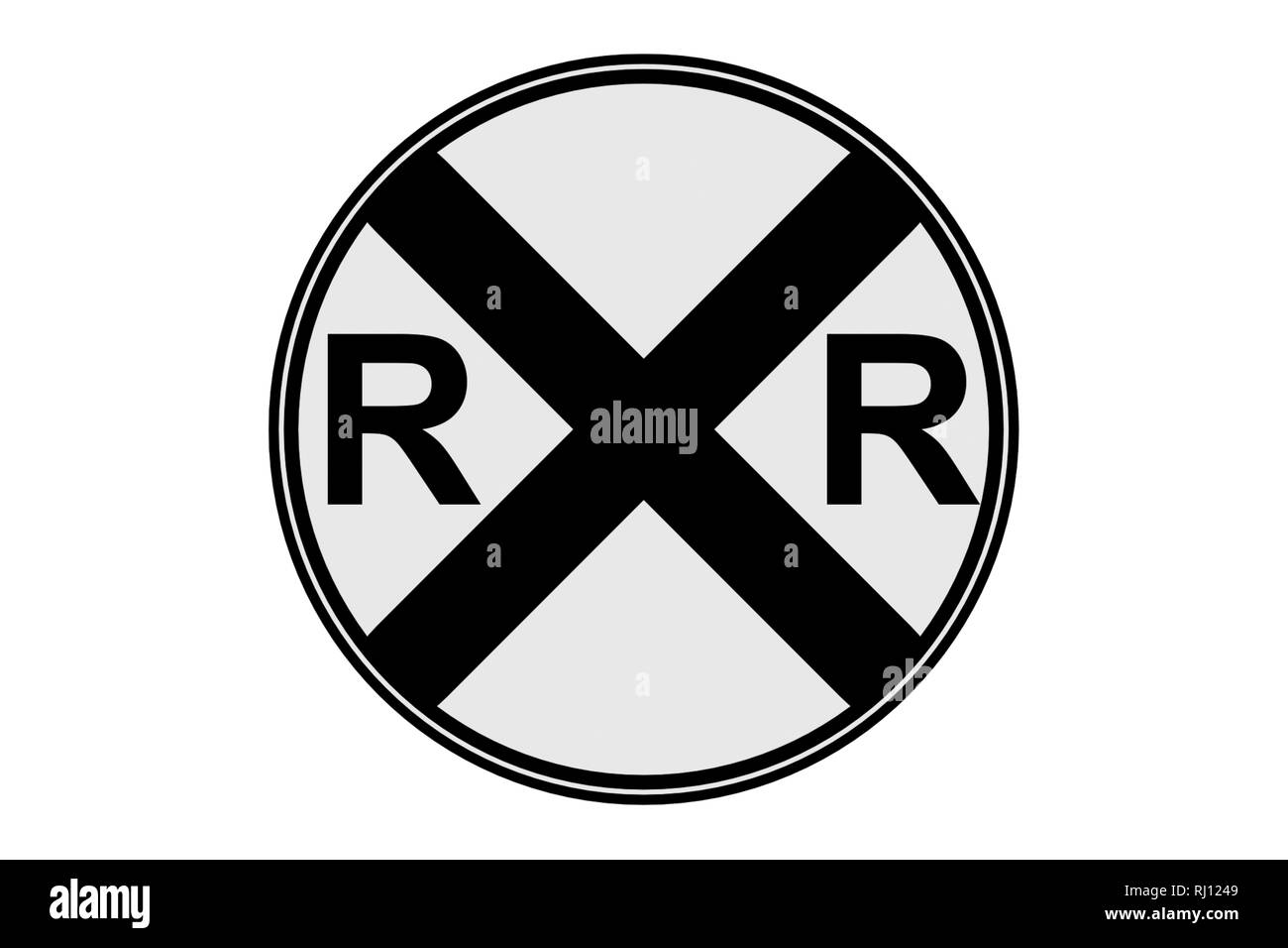 Bahnübergang Zeichen RR Symbol Schwarz und Weiß auf weißem Hintergrund Stockfoto