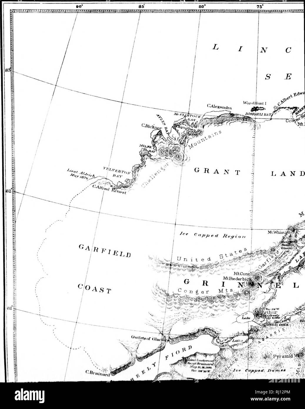 . Auf das Verfahren der Vereinigten Staaten Expedition zu Lady Franklin Bay, Grinnell Land [microform] Bericht. Wissenschaftliche Expeditionen; wissenschaftliche Expeditionen. GRINNELL I1 FKOM ENTDECKUNGEN M.^ INGLEFIELD, Kane, Hayes, Tho Interieur und westlichen Küste von Grinnell Land, ern Erweiterung der Hayea Sound, sind aus dem exploratic unterstützt von lieut. James 15. Lockwood und der offict Expedition. 18 S 1-1884. SOLNMINCS IN KLAFTER. LAND. ^^K Mt. Whis--1^^^'^tM $ ^ â v ^X^''^! . Conner Mt s;?^/45*'-..jJZi) r'" "^"" â â¢,;;;;;;;;..,. p'' 4#;...: % V... Â ¢ â™" â™" Â" bin. M, MM. , "F"; - "xV. Â ¢ Stockfoto