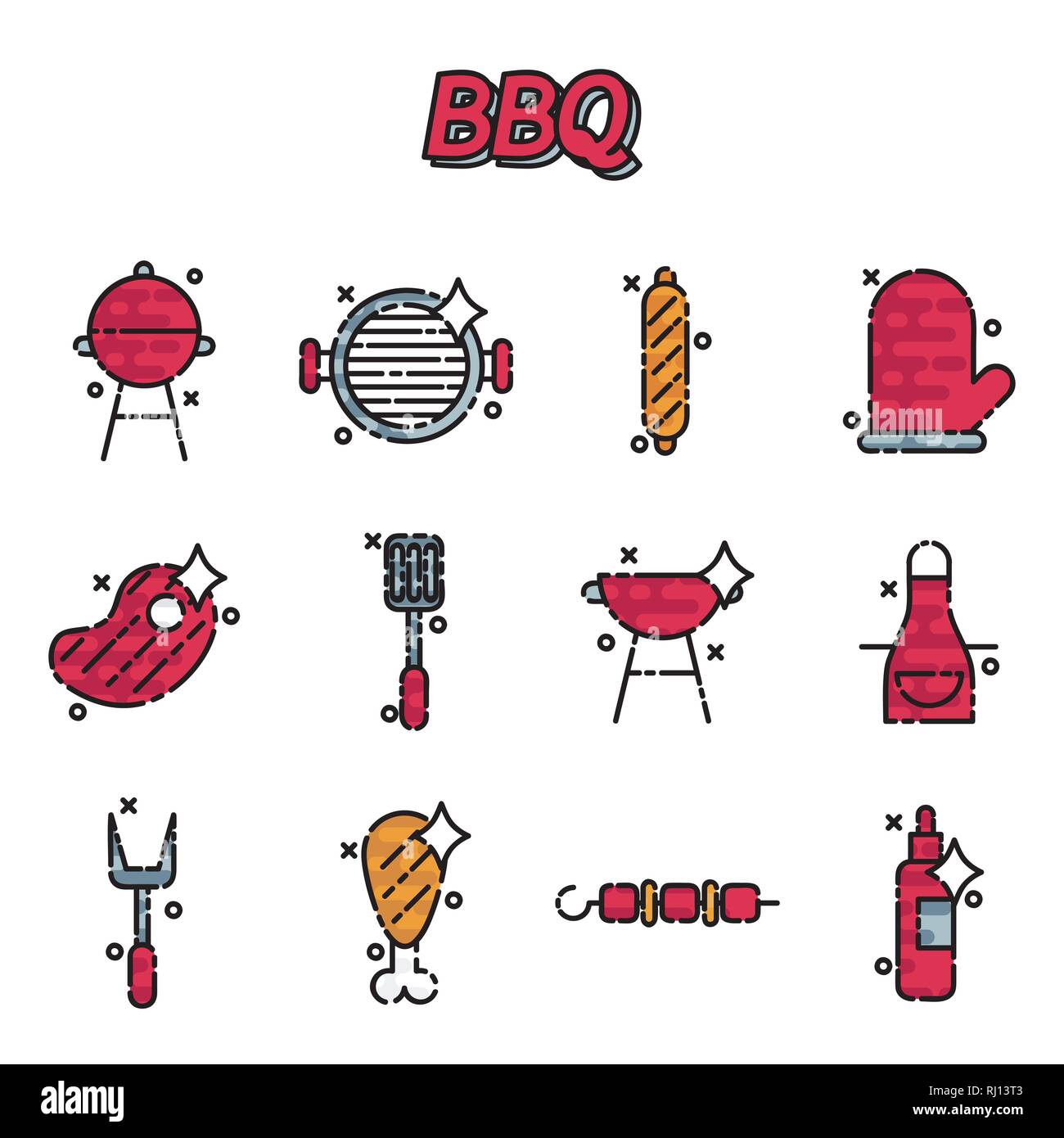Grill Icon Set, dünne Linie Stil, flache Bauweise Stock Vektor