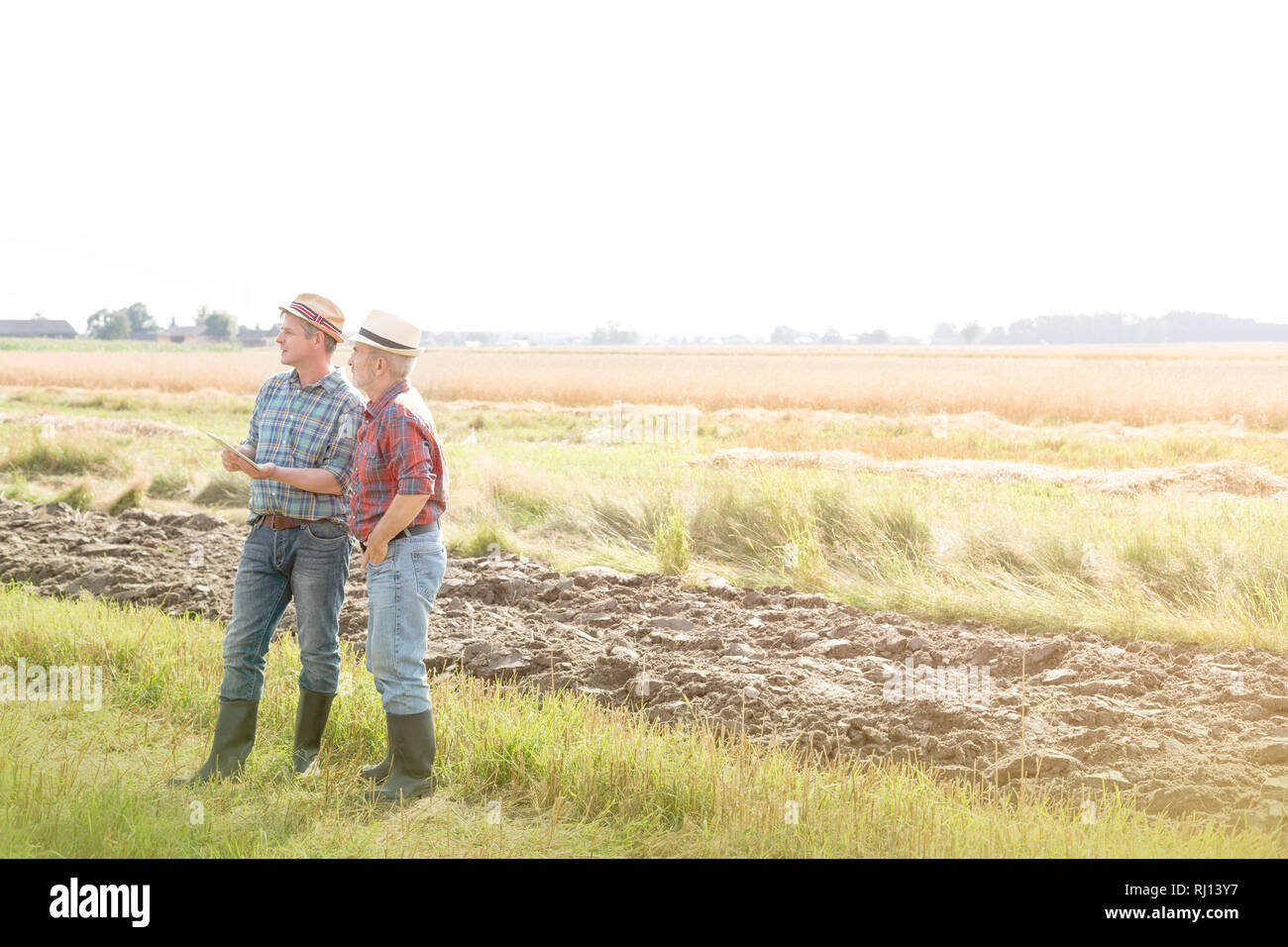 Landwirte sprechen über digitale Tablette auf Feld gegen Himmel in der Farm Stockfoto