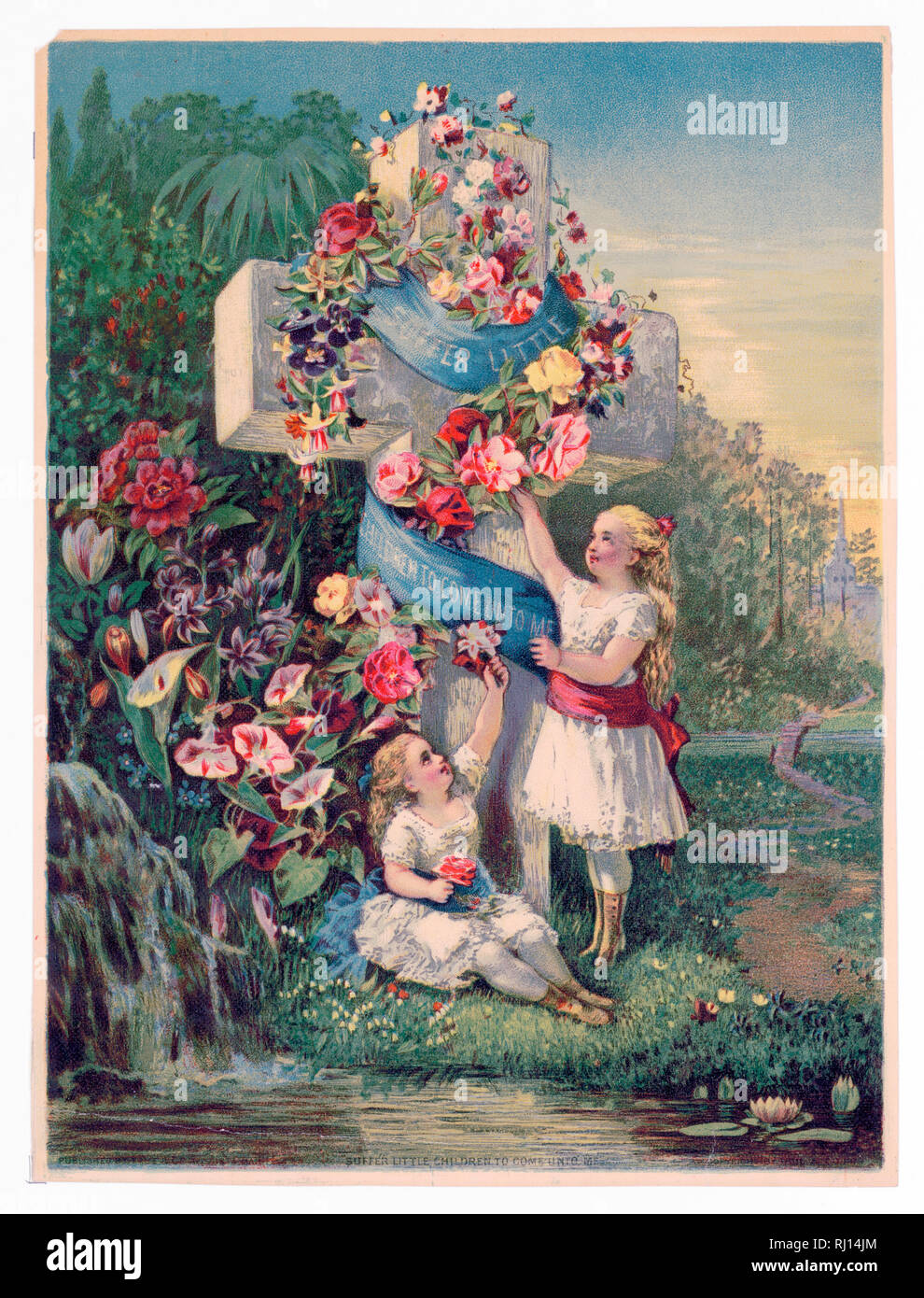 Lasset die Kindlein zu mir kommen - Kinder in der Nähe von einem Kreuz mit Blumen Ca. 1880 Stockfoto