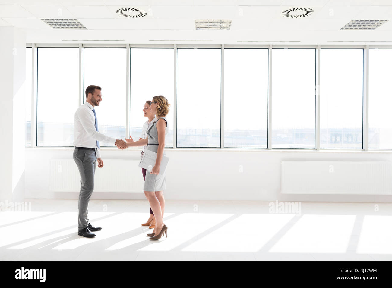 Junge Unternehmer gruss Geschäftsfrau mit Handshake ständigen von Kollegen im neuen Büro Stockfoto