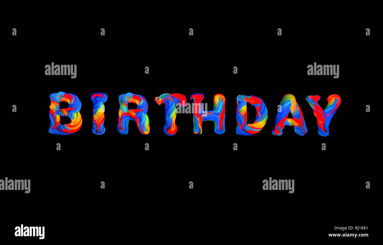 Bunte 3d-text Geburtstag auf schwarzem Hintergrund Stockfoto