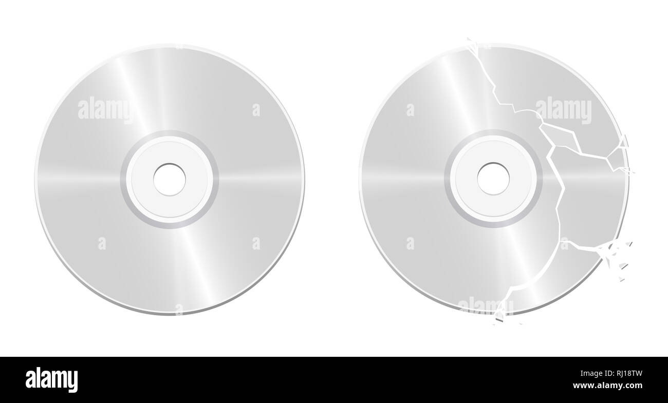 Intakt gebrochen Compact Disc - Abbildung auf weißen Hintergrund. Stockfoto