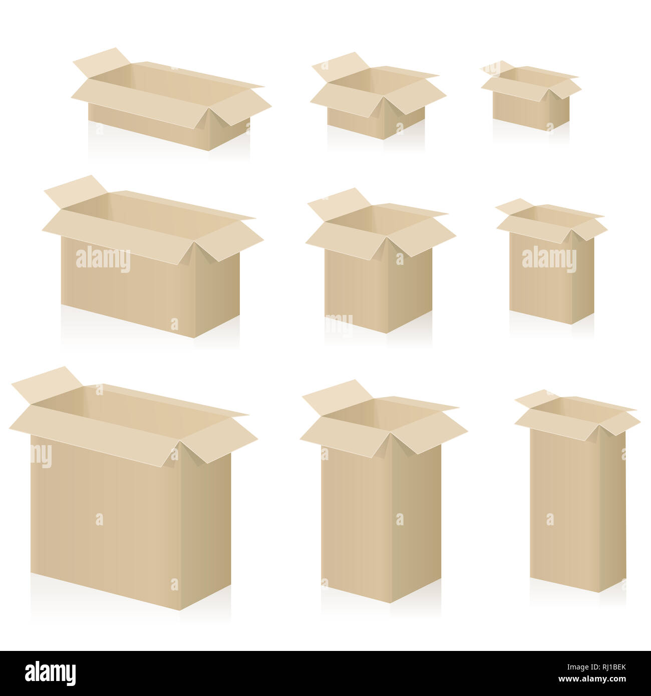 Kartons, unterschiedliche Größen, Kisten mit offenen Deckel - Abbildung auf weißem Hintergrund. Stockfoto