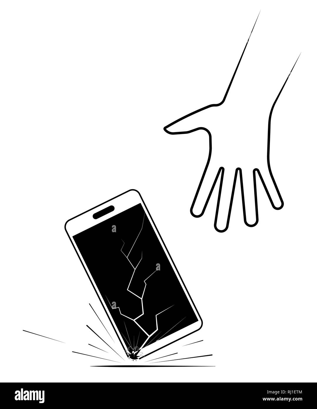 Gebrochene Telefon in der Hand. thin line style Trend moderne einfache grafische Kontur art design auf weißem Hintergrund. Konzept der beschädigten Handy i Stock Vektor