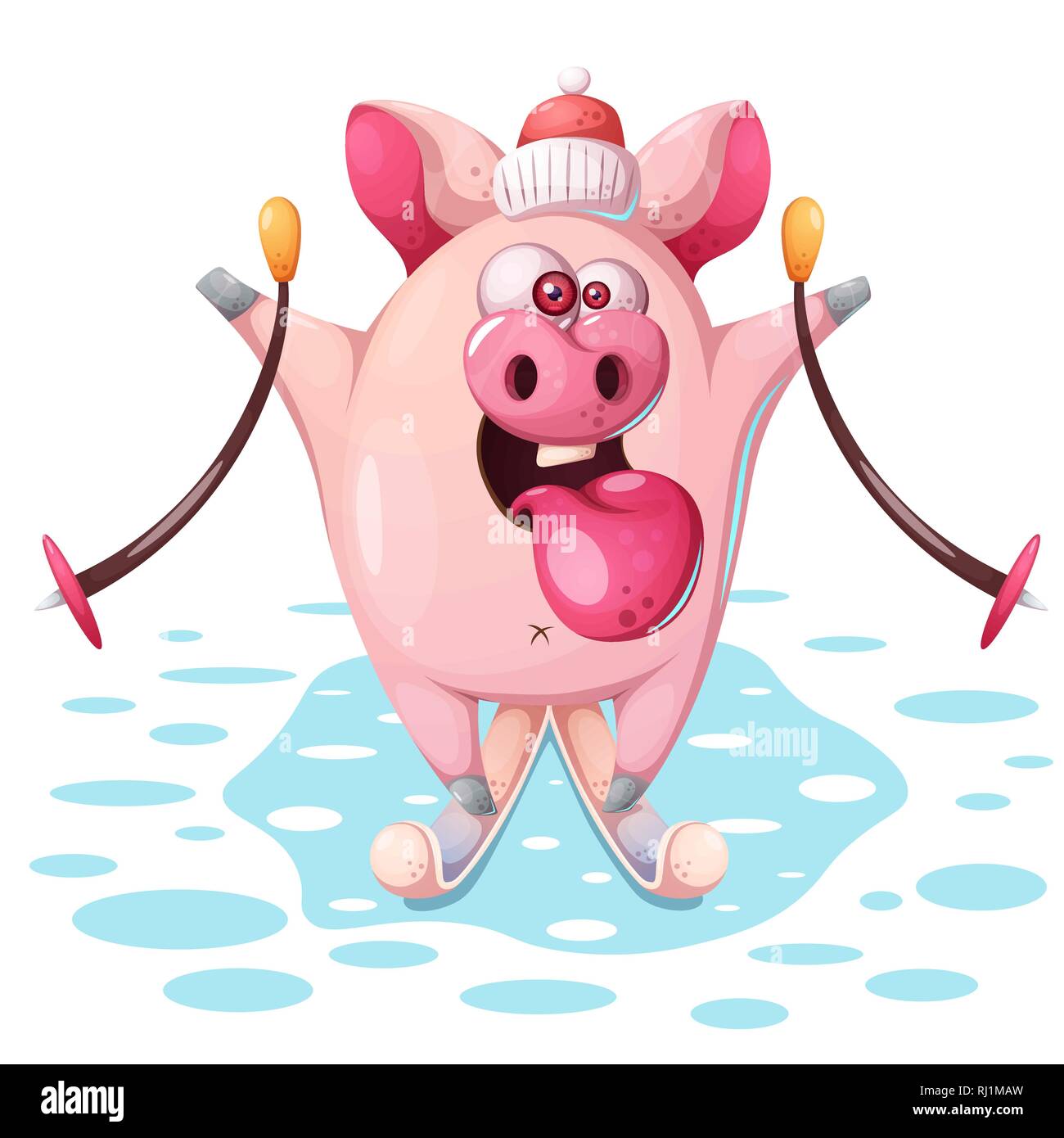 Niedliche rosa Schwein mit Ski. Stock Vektor