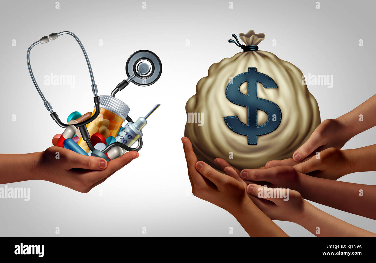 Gesundheit Kosten und soziale Medizin Versicherungskosten Haushaltsplan Konzept als Patient Service Gebühren Symbol mit 3D-Illustration Elemente. Stockfoto