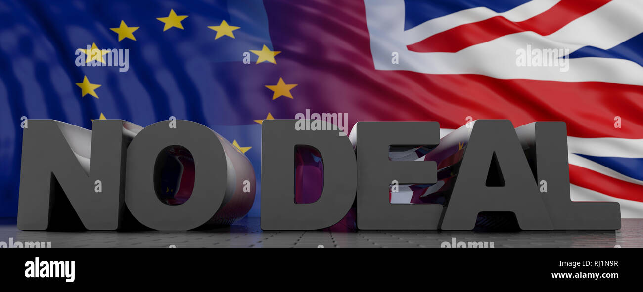 Kein Abkommen, brexit. Kein deal Text auf UK und EU-Flaggen, Banner. 3D-Darstellung Stockfoto