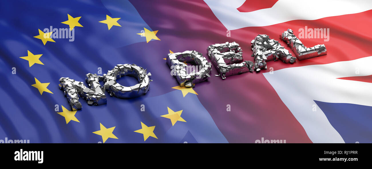 Kein Abkommen, brexit. Kein deal Text, gebrochene Buchstaben auf UK und EU-Flaggen, Banner. 3D-Darstellung Stockfoto