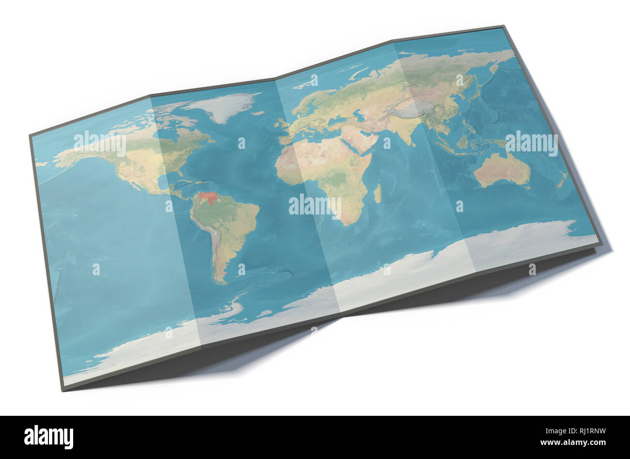 Weltkarte, Venezuela, auf einem gefalteten Blatt, erdkarte stützte sich auf eine Oberfläche, 3D-Rendering gezeichnet. Physische Karte Stockfoto