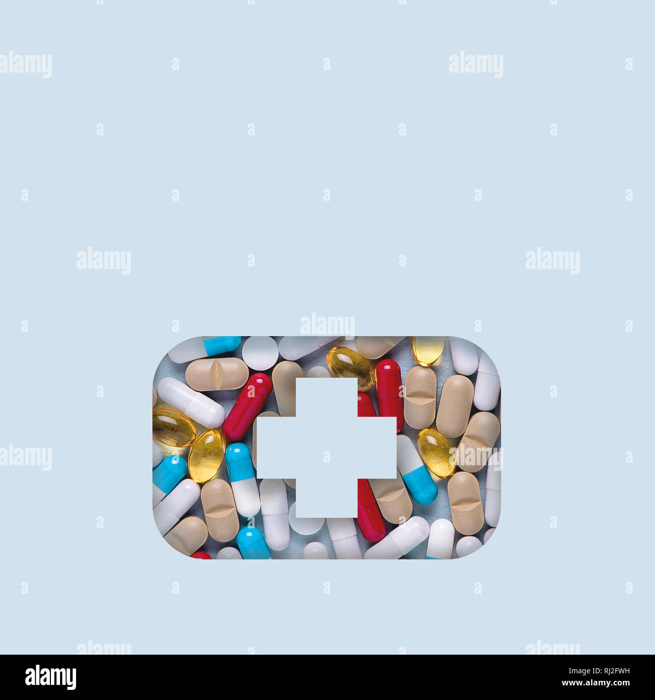 Pharmazeutische Zubereitungen, Hintergrund. Bunte Medikamente Pillen, Tabletten und Kapseln sind verstreut. Medizinisches Konzept Stockfoto