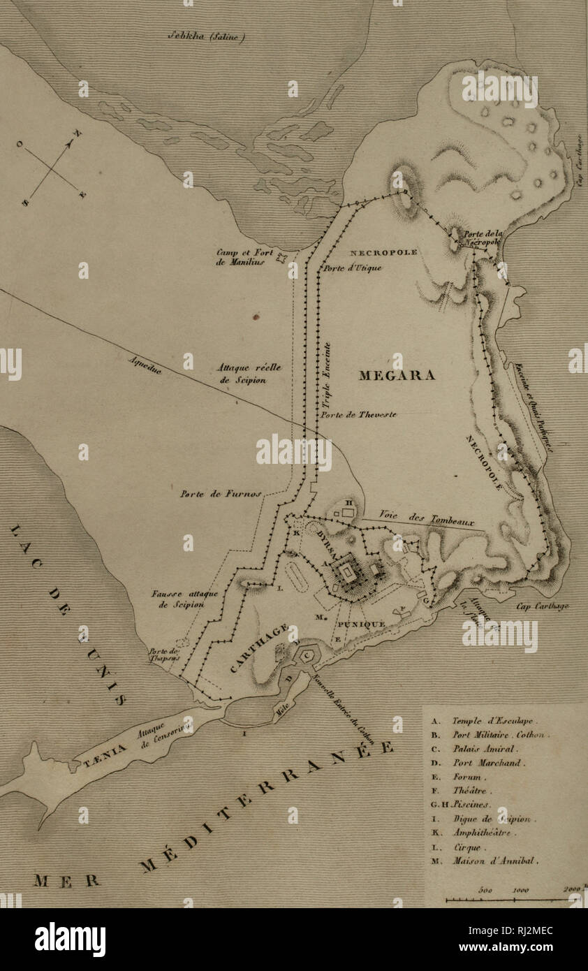 Karte von Karthago und die Halbinsel. Gravur. Panorama Universal. Geschichte von Karthago, 1850. Stockfoto