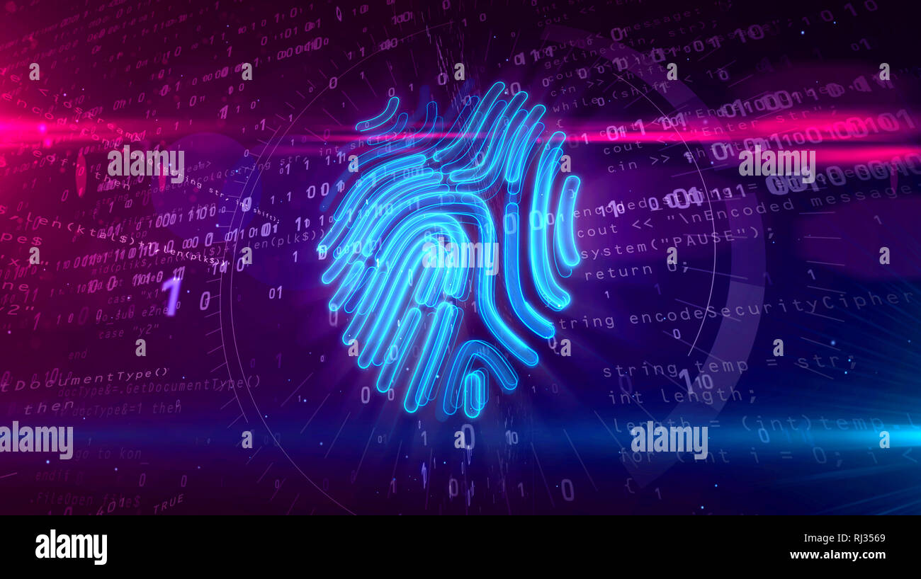Cyber Schutz durch Fingerabdruck auf digitalen Hintergrund. Technologie der persönliche Genehmigung und digitale Sicherheit mit Hand Finger verif Stockfoto
