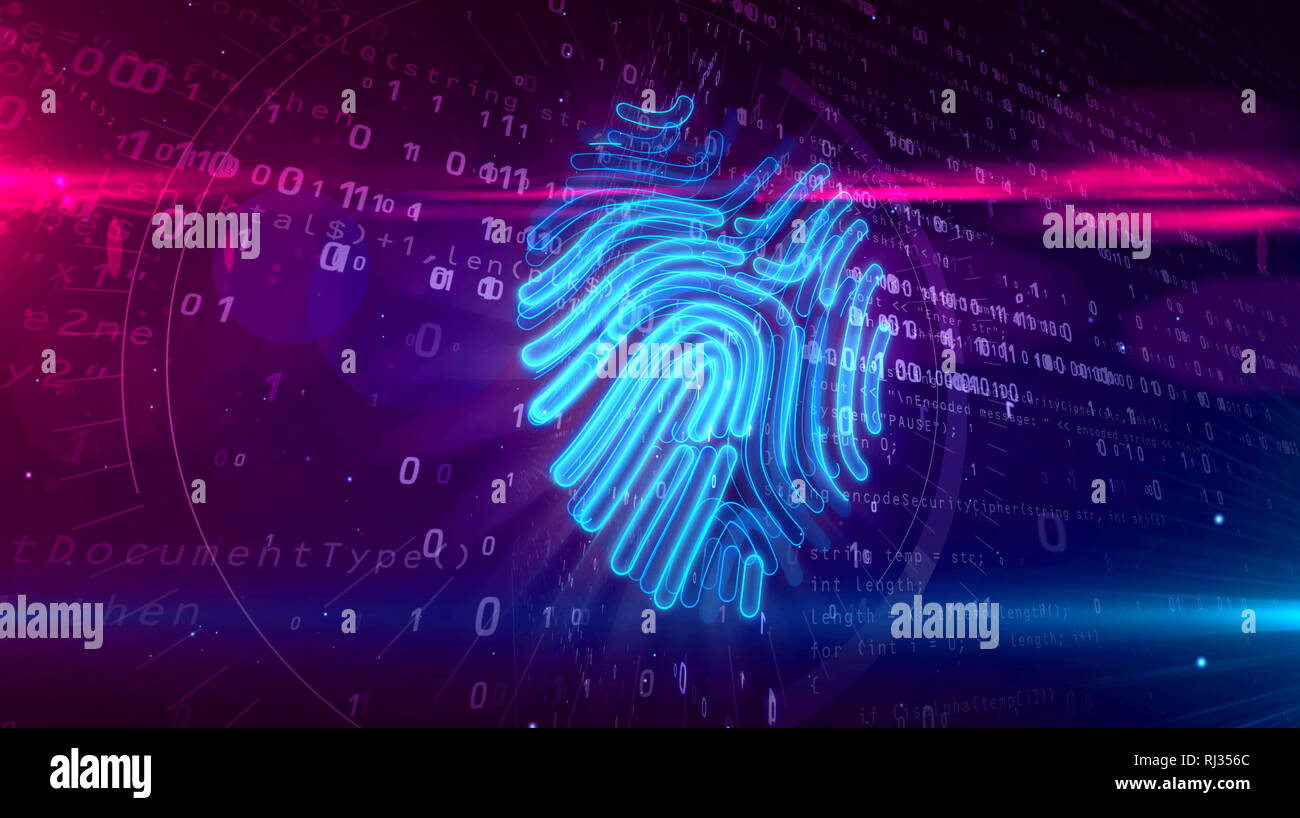Cyber Schutz durch Fingerabdruck auf digitalen Hintergrund. Technologie der persönliche Genehmigung und digitale Sicherheit mit Hand Finger verif Stockfoto