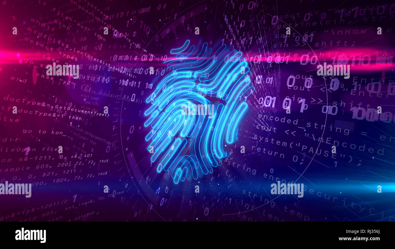 Cyber Schutz durch Fingerabdruck auf digitalen Hintergrund. Technologie der persönliche Genehmigung und digitale Sicherheit mit Hand Finger verif Stockfoto