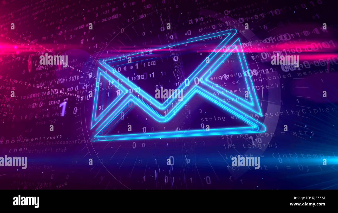 E-mail Kommunikation im Cyberspace mit Briefumschlag auf digitalen Hintergrund. Digitale Symbol Nachricht abstraktes Konzept 3D-Abbildung. Stockfoto