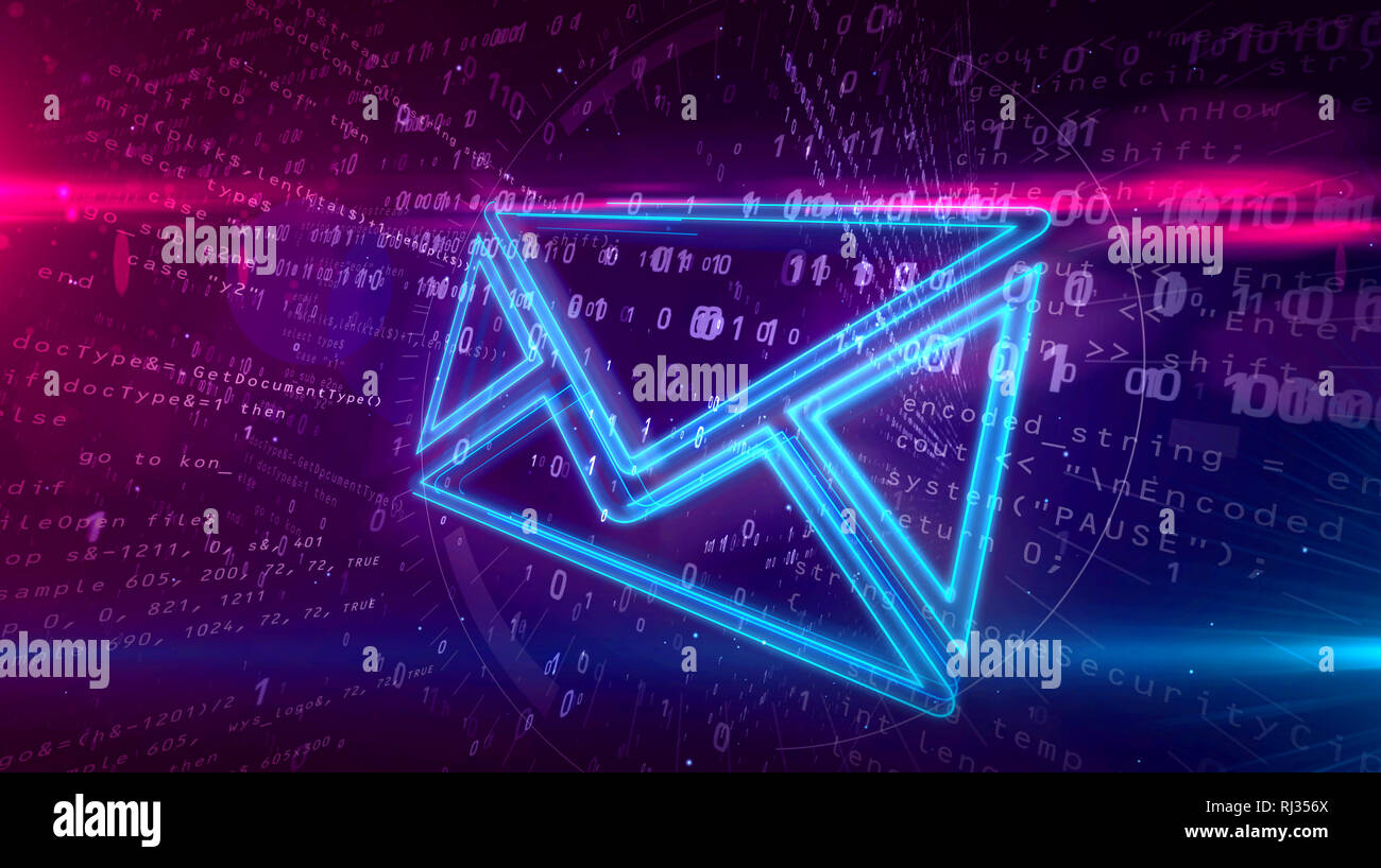 E-mail Kommunikation im Cyberspace mit Briefumschlag auf digitalen Hintergrund. Digitale Symbol Nachricht abstraktes Konzept 3D-Abbildung. Stockfoto