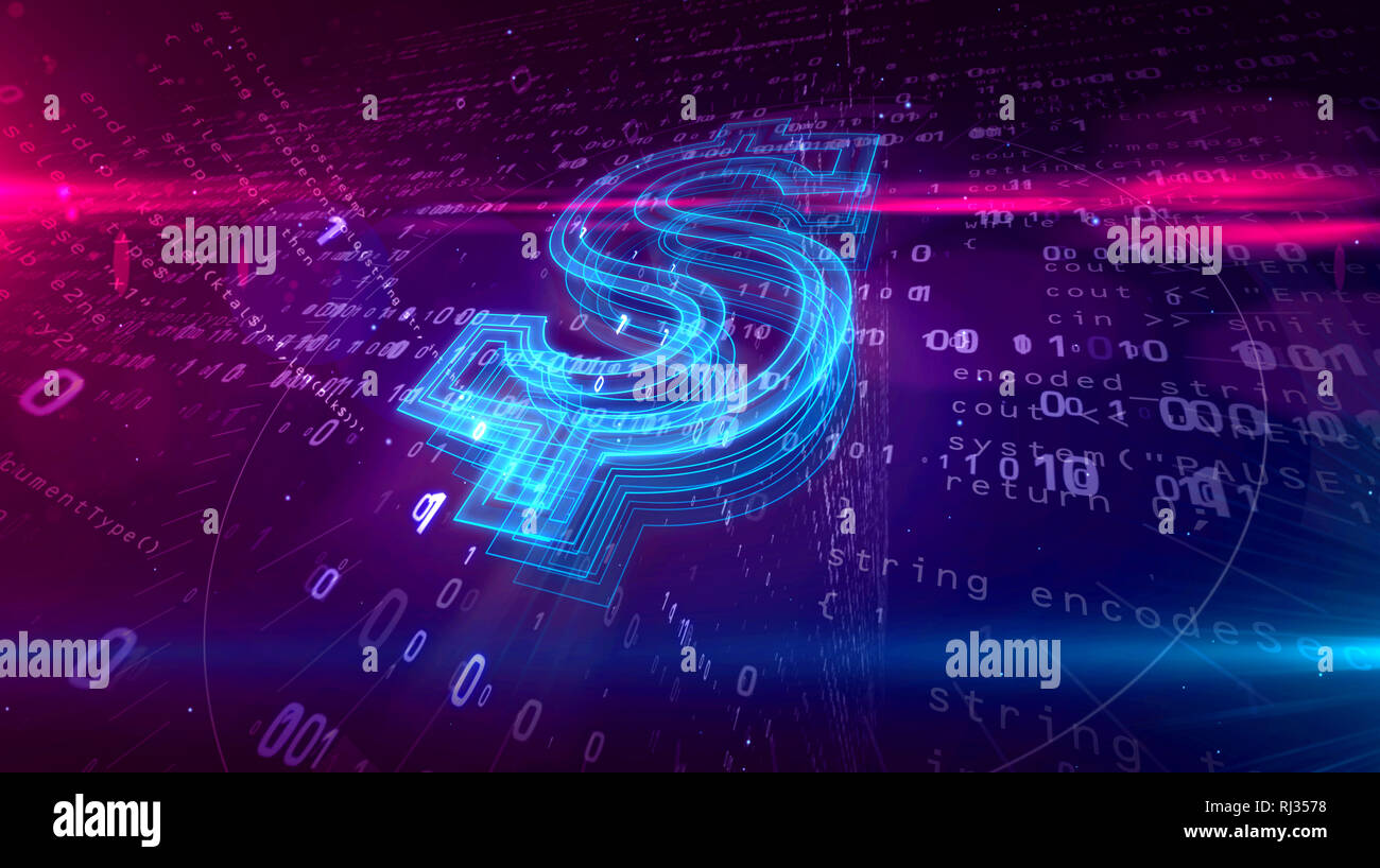 Dollarzeichen auf digitalen Hintergrund. Abstrakte Konzept der internet Marketing und cyber 3D-Abbildung. Stockfoto