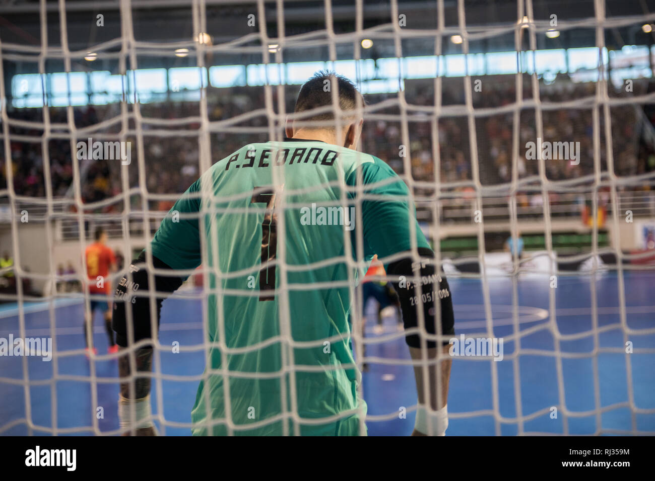 Indoor footsal Übereinstimmung der nationalen Teams aus Spanien und Brasilien am Multiusos Pavillon von Caceres Stockfoto