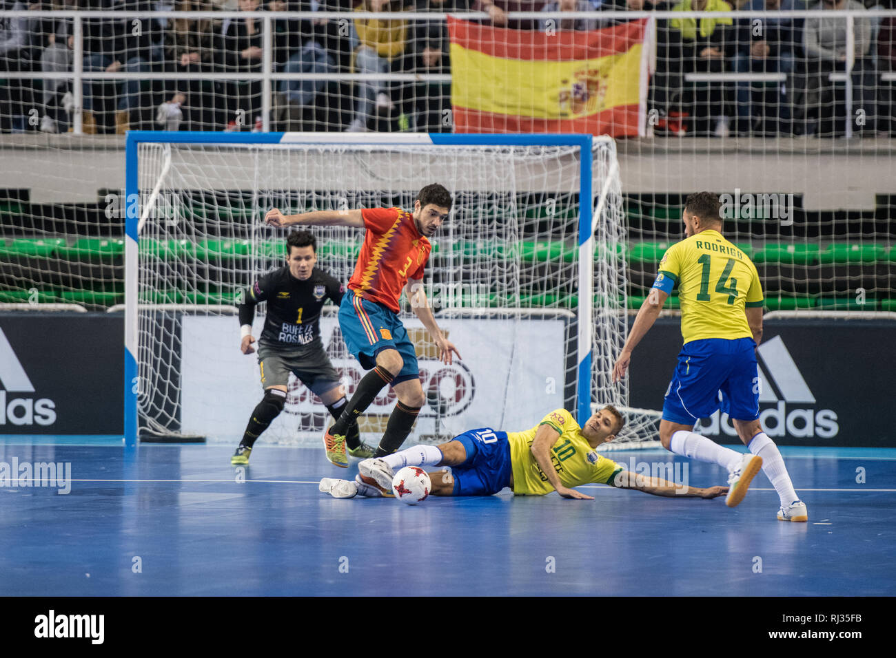 Indoor footsal Übereinstimmung der nationalen Teams aus Spanien und Brasilien am Multiusos Pavillon von Caceres Stockfoto