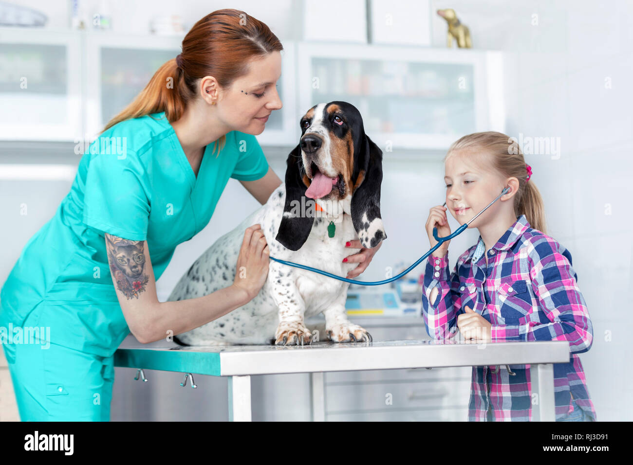 Tierärztin mit Hund, während Mädchen hören durch Stethoskop an der Klinik Stockfoto